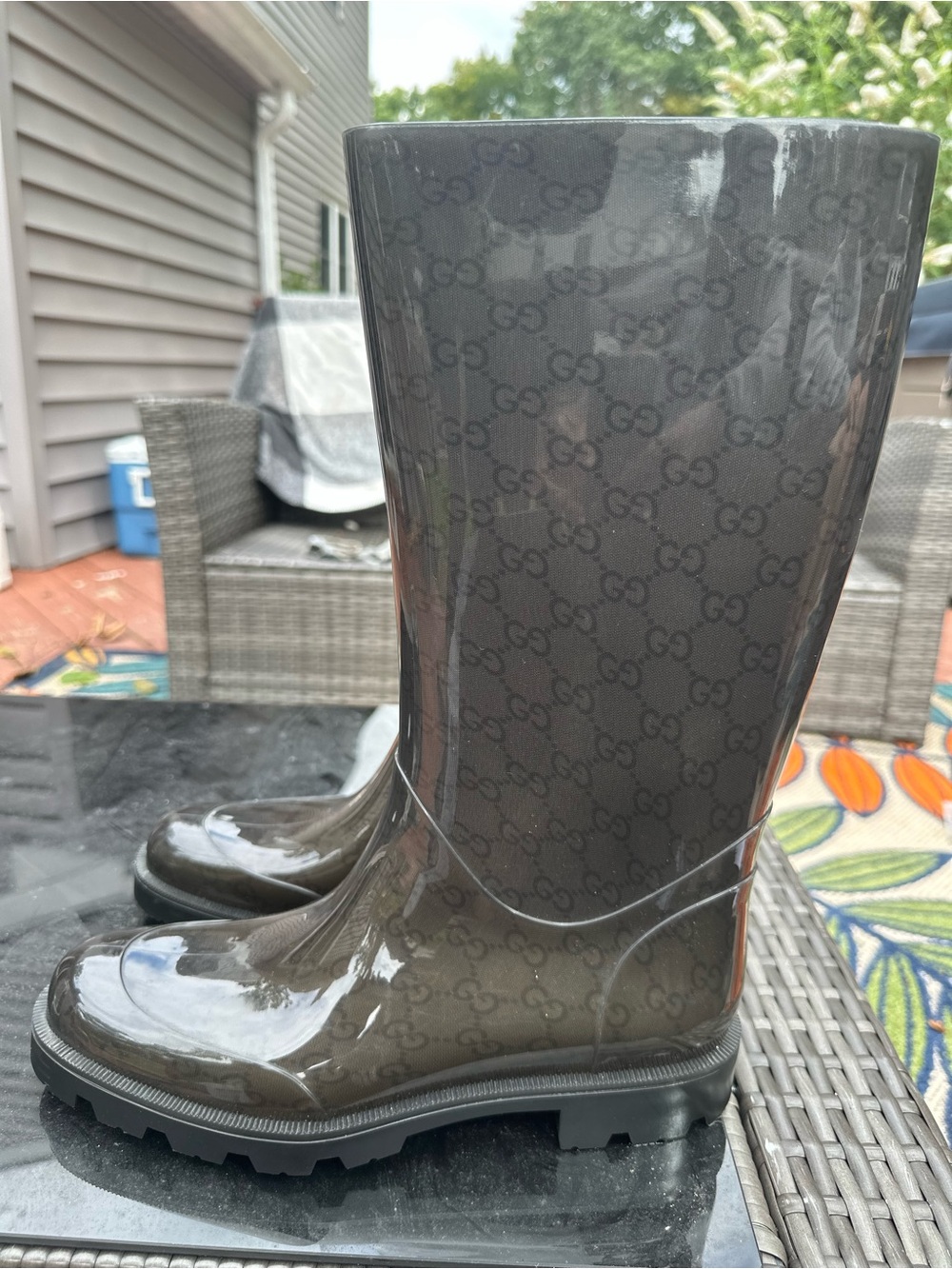 Gucci Glossy Brown GG Monogram Tall Rain Boots